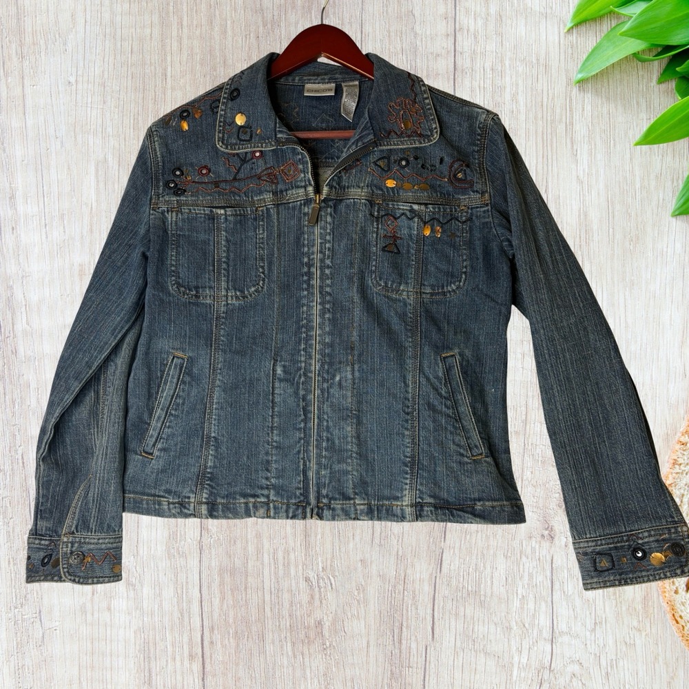 Chicos Denim Jacket Womens Size 1 (M) Cropped Embellished Western Jean Jacket